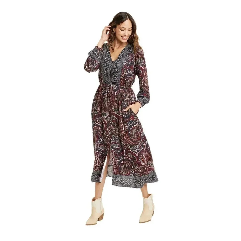 NWT Knox Rose Button Front Dress Size XXL Night Sky Paisley Print Long Sleeve
